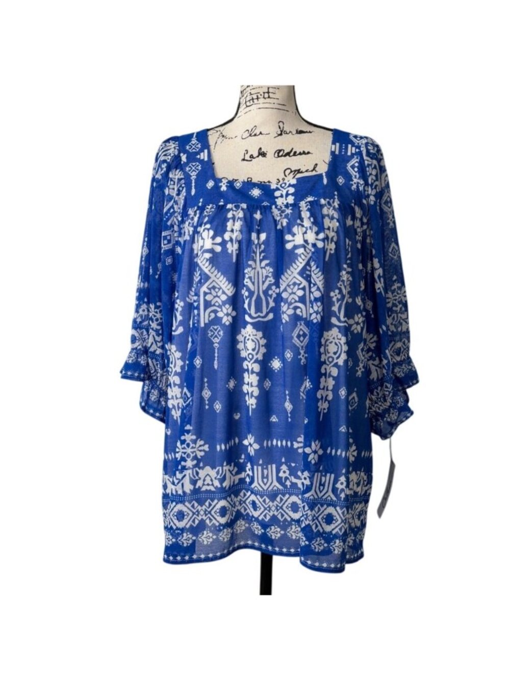 Calessa Womens 2X Top Boho Blue White Tunic 3/4 Sleeve Flowy Square-Neck NEW